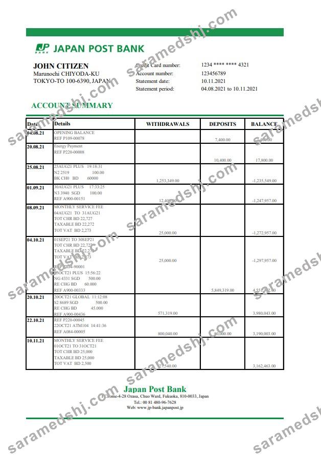 Japan Post bank statement easy to fill template in Excel and PDF format
